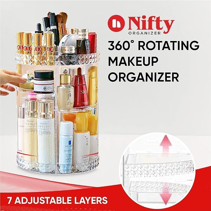 Makeup Organizer Adjustable 360 Rotation Box Case and Storage,Spinning Cosmetic Display Case Multi-Function Clear Carousel Cosmetic with 7 Layers Large Capacity, Fits Jewelry, Makeup Brushes