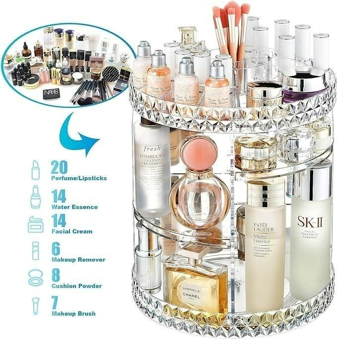 Makeup Organizer Adjustable 360 Rotation Box Case and Storage,Spinning Cosmetic Display Case Multi-Function Clear Carousel Cosmetic with 7 Layers Large Capacity, Fits Jewelry, Makeup Brushes